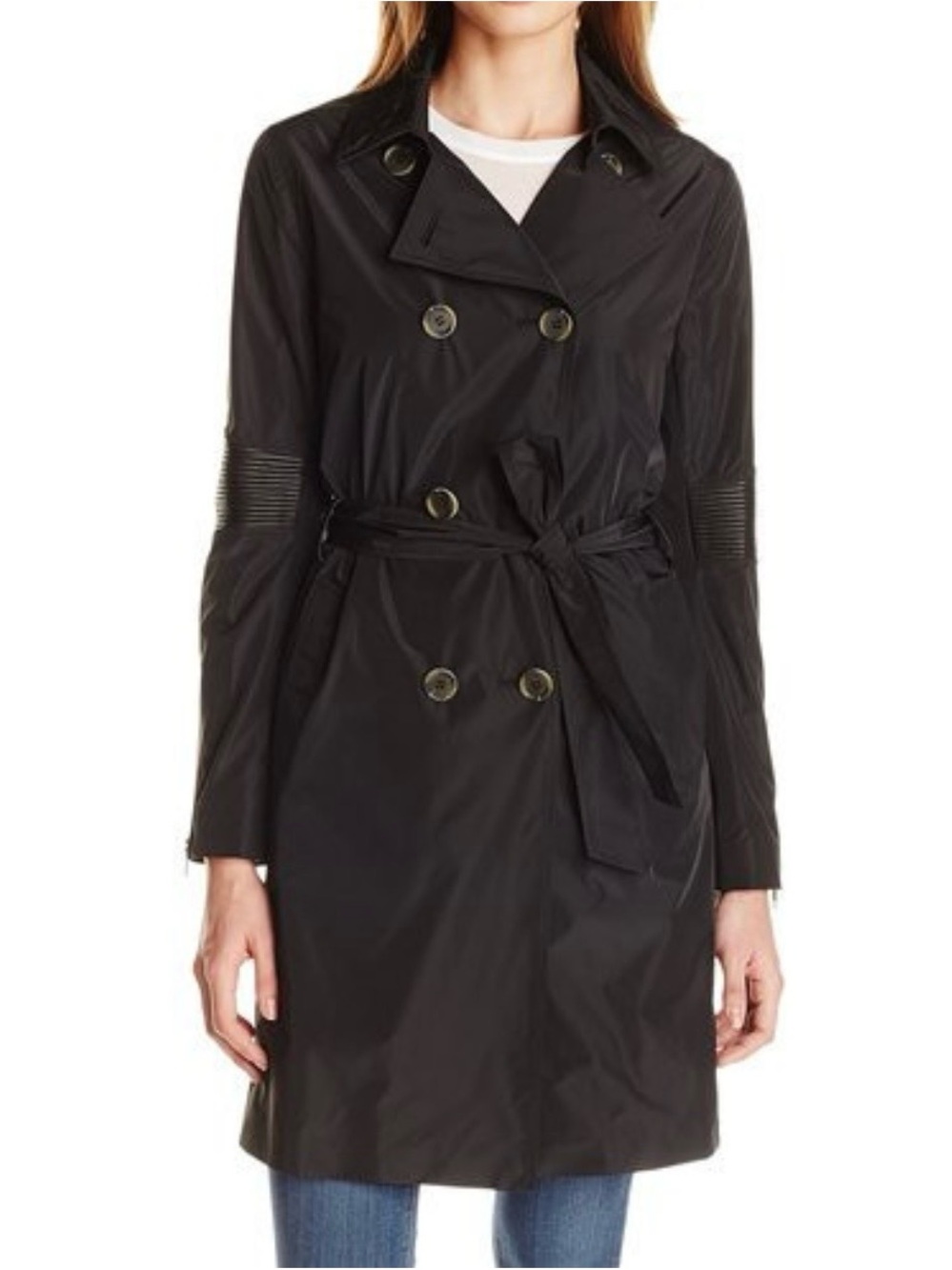 Mackage Monique Black Double Breasted Leather Detail Trench Coat Size Small